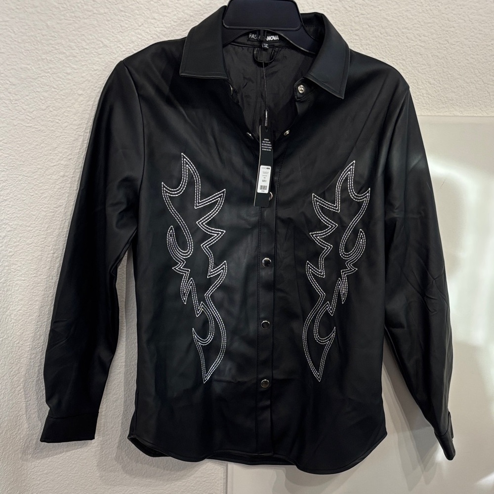Fashion Nova Black Faux Leather Shirt with White Detailing Festival
